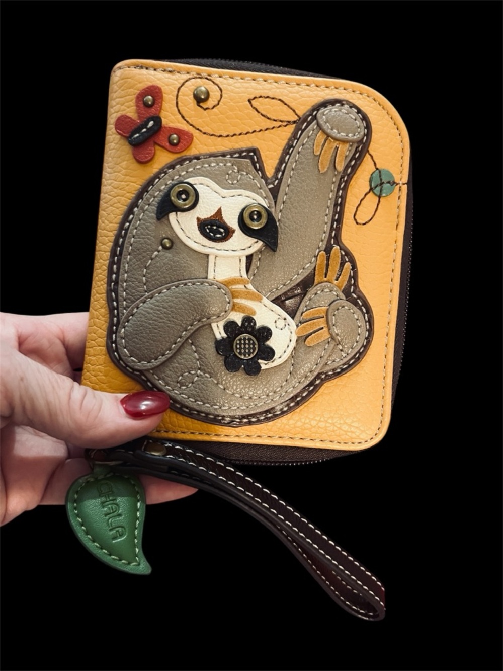 CHALA Leather wallet. NWOT. Pebbled Leather. Sloth leather appliqué EC